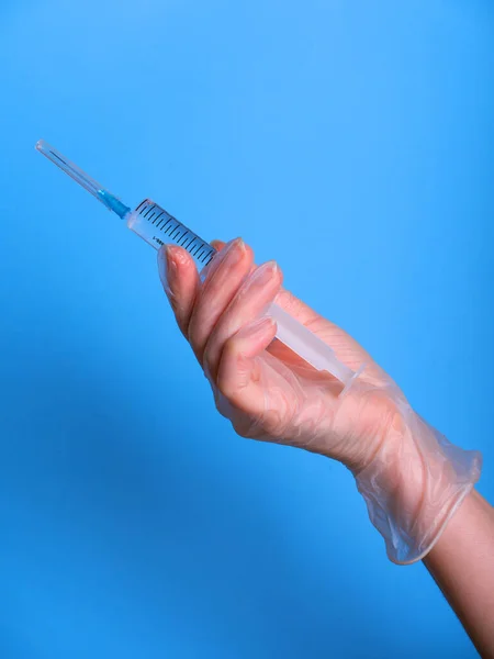 Syringe Hand Isolated Blue Woman Nurse Scientist Hand Hold Plastic — Stock Photo, Image