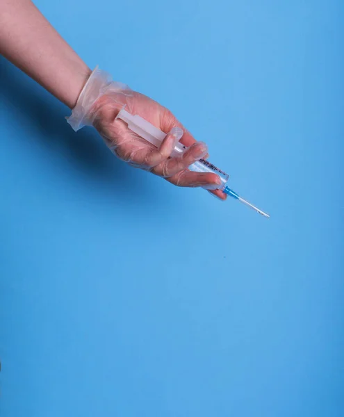 Syringe Hand Isolated Blue Woman Nurse Scientist Hand Hold Plastic — Stock Photo, Image