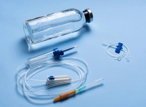 Glass Medicine Bottle Syringe Injection Dropper System Blue Background Isolation — Stock Photo, Image