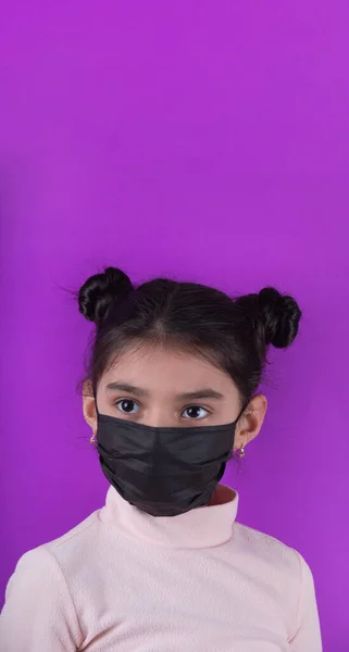 Little Cute Girl Black Mask Purple Background Stop Covid Stay — Stock Photo, Image
