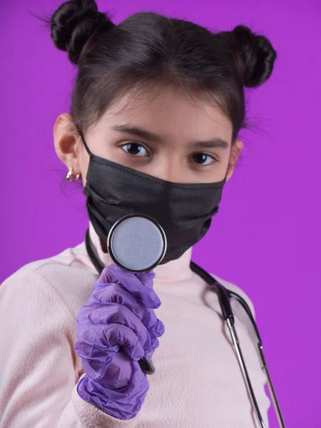 Little Cute Girl Black Mask Stethoscope Purple Background Stop Covid — Stock Photo, Image