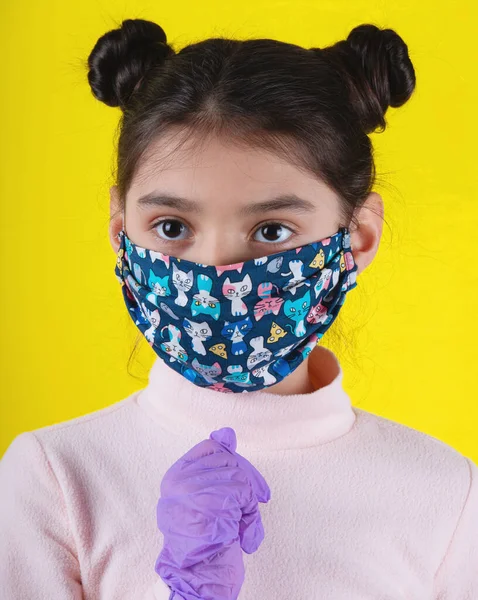 Little Cute Girl Disposable Gloves Colorful Mask Yellow Background Stop — Stock Photo, Image