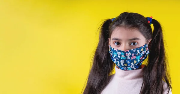 Little Cute Girl Disposable Gloves Colorful Mask Yellow Background Stop — Stock Photo, Image