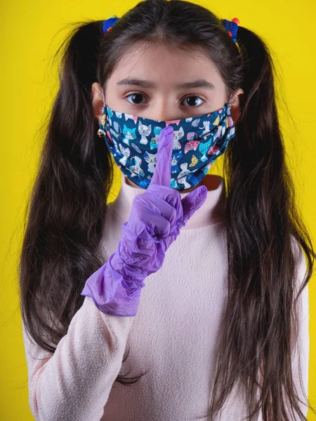 Little Cute Girl Disposable Gloves Colorful Mask Yellow Background Stop — Stock Photo, Image