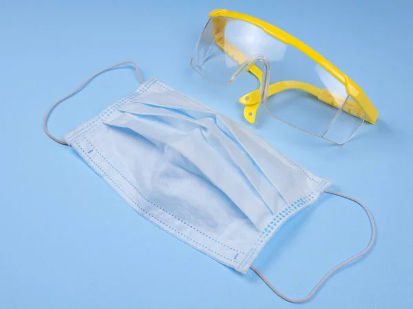 Schutzbrille Ausrüstung Medizinische Schutzmasken Covid Bleiben Hause Medizinischer Hintergrund — Stockfoto