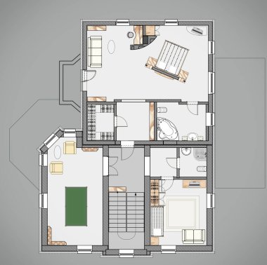 bir daire ev mobilya ile kat planı