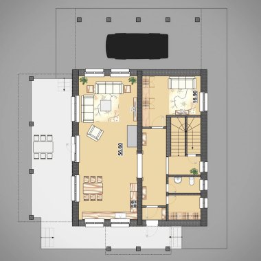 bir daire ev mobilya ile kat planı