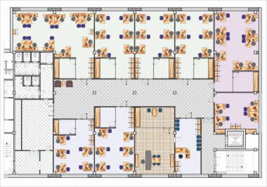 Oturan mobilyalarla Büyük Ofis Çizimi Planı