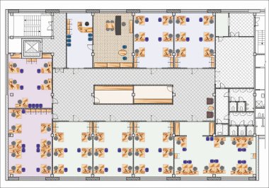 Oturan mobilyalarla Büyük Ofis Çizimi Planı