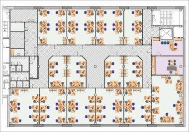 Oturan mobilyalarla Büyük Ofis Çizimi Planı
