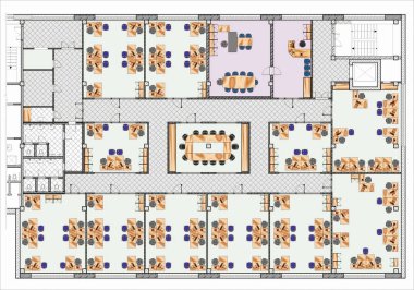 Oturan mobilyalarla Büyük Ofis Çizimi Planı