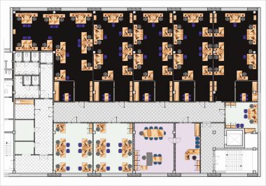 Oturan mobilyalarla Büyük Ofis Çizimi Planı
