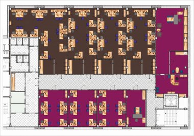 Oturan mobilyalarla Büyük Ofis Çizimi Planı