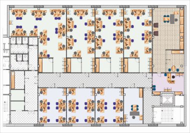 Oturan mobilyalarla Büyük Ofis Çizimi Planı