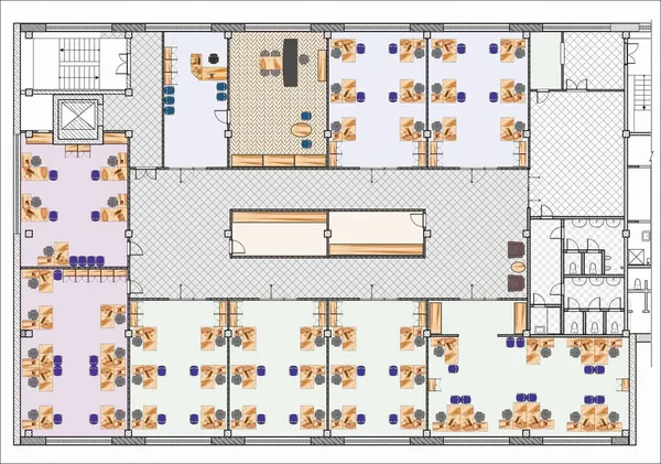Planzeichnung Großes Büro Mit Schrägen Möbeln — Stockfoto