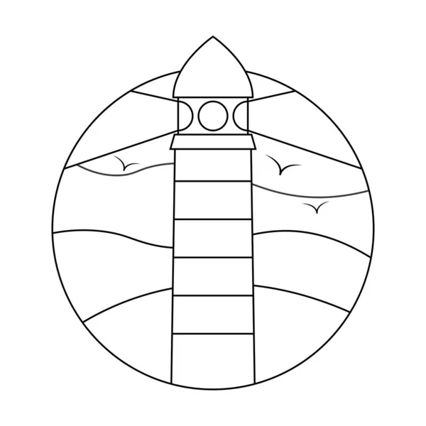Pictogramme du phare Signal d'avertissement de bateau avec les oiseaux Ligne noire et blanche Illustration vectorielle ronde — Image vectorielle
