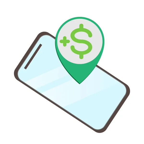 Ganar dinero Teléfono Notificación Icono Dólar Sign Pin Vender a través de Smartphone — Vector de stock