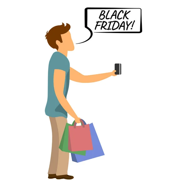 Man Shopping Black Friday Sale Buyer Bags Credit Card Isolated — Stock Vector