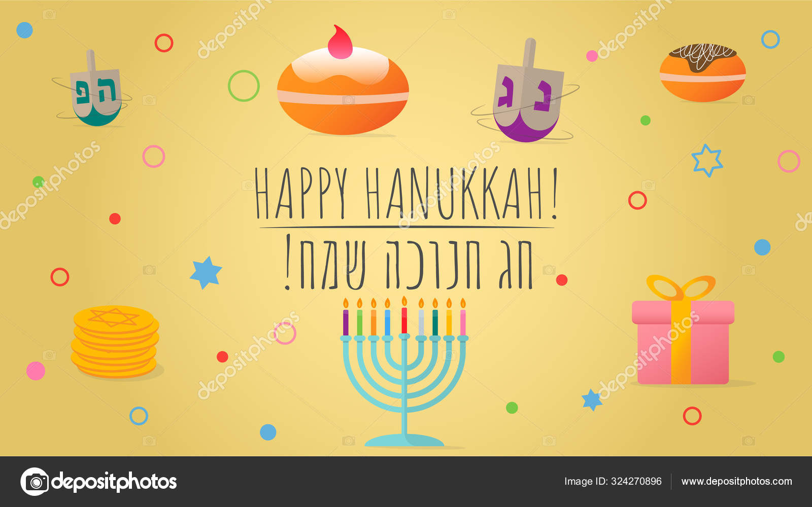 Feliz Hanukkah Texto Tradición Judía Símbolos Vector Ilustración Traducción  Textos Vector de stock #324270896 de ©OsherR, image size:1600x1000