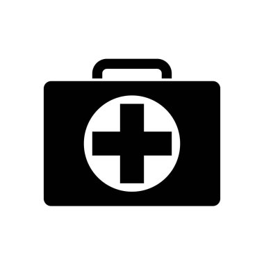 İlk yardım çantası ikonu vektör illüstrasyon doktor sağlık çantası beyaz arka planda siyah sembol