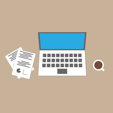 Office Desktop with laptop, coffee mag and papers. Work place flat design workstation vector illustration.