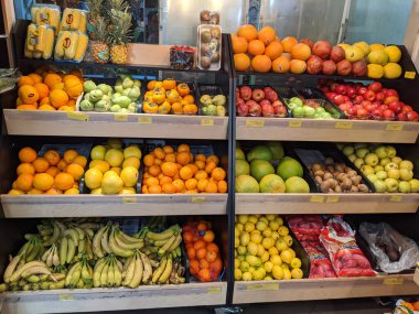 Fruit stand attractive market display fresh vegetarian raw natural healthy diet food