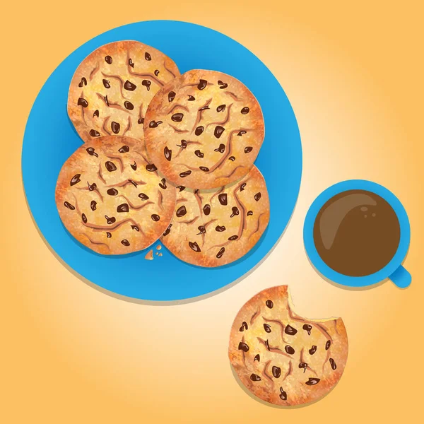 Печенье Шоколадной Крошкой Синей Тарелке Иллюстрацией Синей Кофейной Кружки — стоковое фото