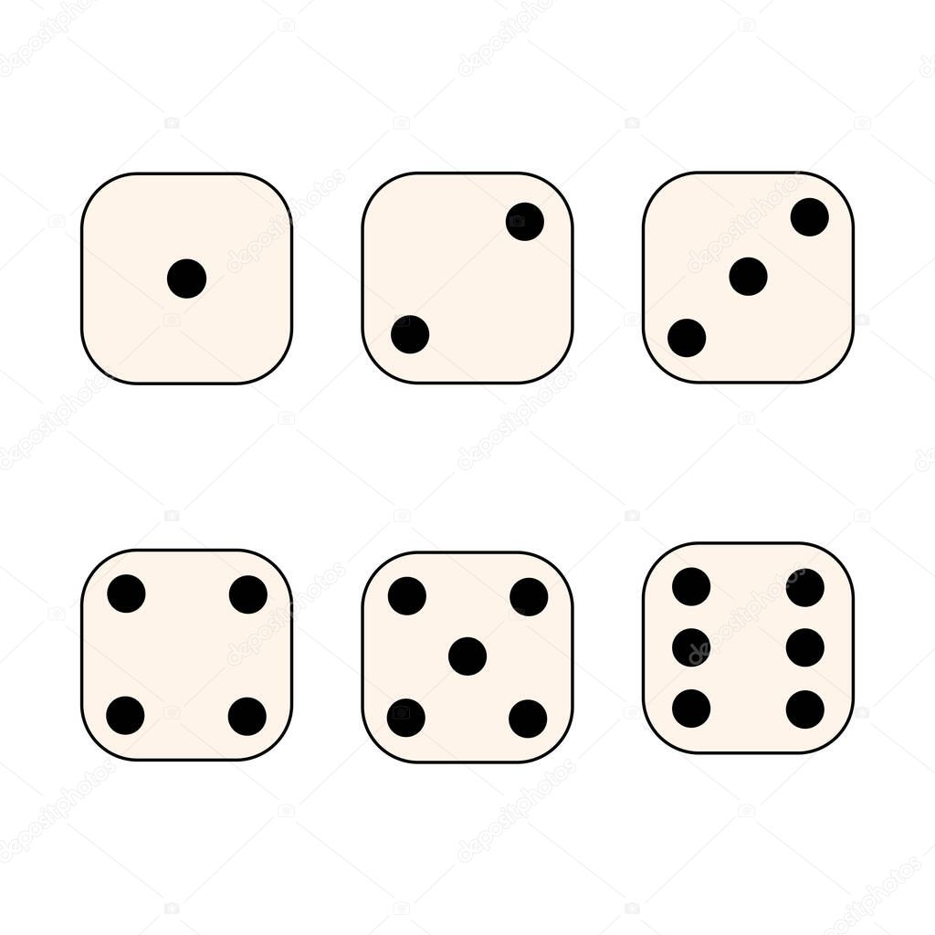Dice cube dot numbers from one to six icon set. board game or casino gambling vector illustration.