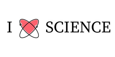 I Atom Heart Love Science metin logosu, beyaz arkaplanda izole edilmiş vektör çizimi