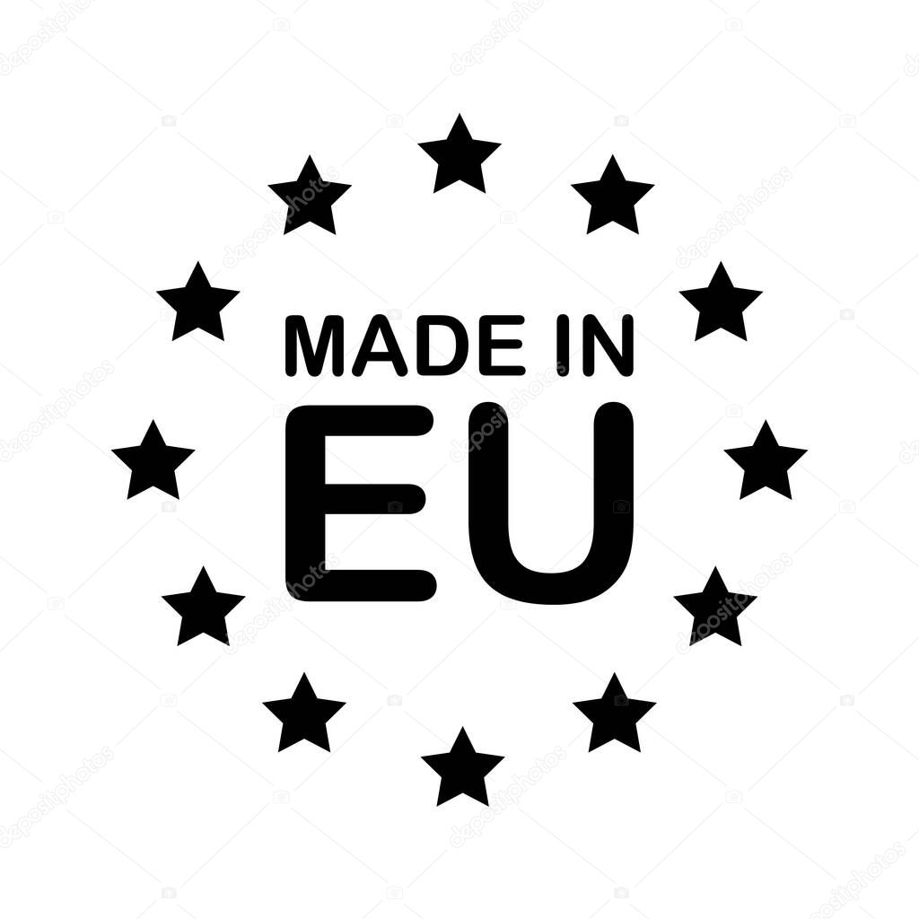 MADE IN EU black text and stars. Europe product sign vector illustration isolated on white background
