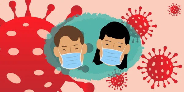 Coronavirus ikonu salgını tehlikeli korona yüzü maskeli çift grip salgını tıbbi sağlık riski konsepti çizimi