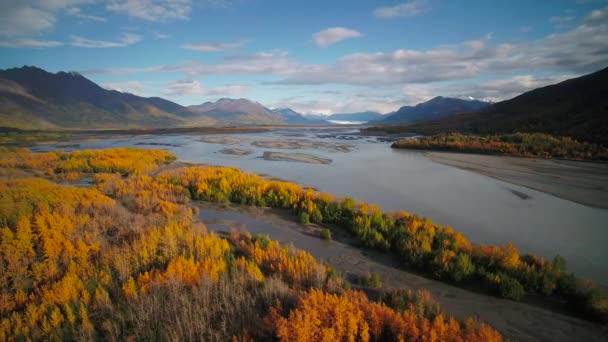 Воздушное Видео Красивых Холмов Гор Осенью Возле Реки Кник Аляске — стоковое видео