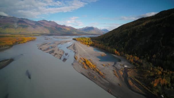 Aerial Video Beautiful Hills Mountains Fall Knik River Alaska — Stock Video