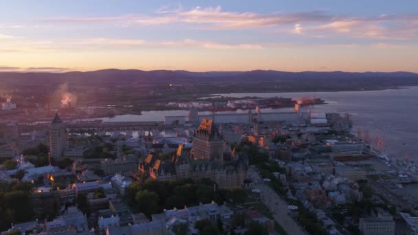 Vídeo Aéreo Centro Cidade Quebec Pôr Sol — Vídeo de Stock