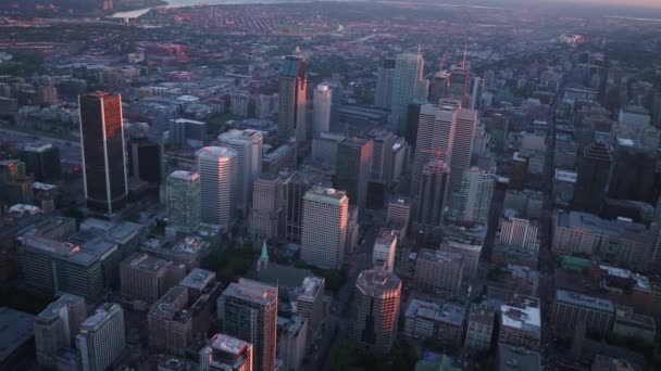 Aerial Video Montreal Downtown Solnedgången Vacker Kväll — Stockvideo