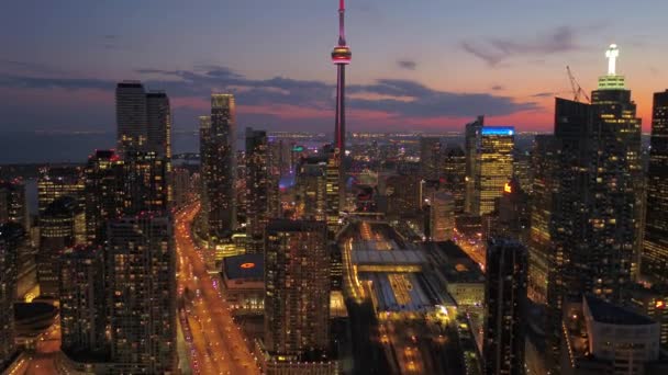 Luchtfoto Video Van Downtown Toronto Night Met Mooie Stadslichten — Stockvideo