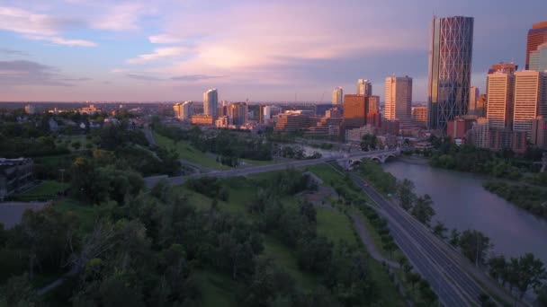 Antenowe Video Centrum Calgary Wschód Świt — Wideo stockowe