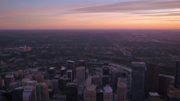 Luchtfoto Video Van Het Centrum Van Calgary Bij Zonsopgang Dawn — Stockvideo