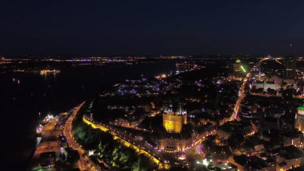 Vídeo Aéreo Centro Cidade Quebec Noite — Vídeo de Stock