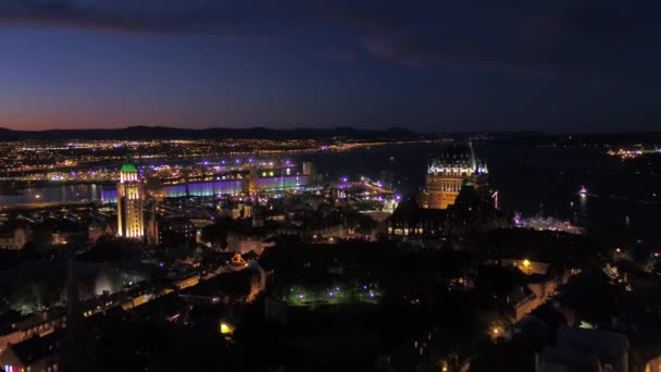 Luchtfoto Video Van Quebec City Centrum Nachts — Stockvideo