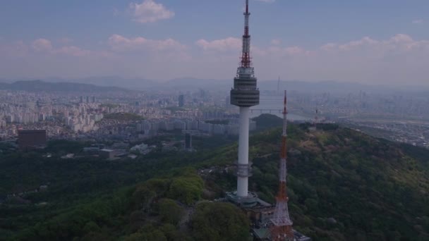 Vídeo Aéreo Torre Seul Área Gwanghwamun Dia Claro Ensolarado — Vídeo de Stock