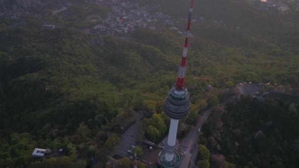 Luchtfoto Video Van Seoul Tower Gwanghwamun Gebied Bij Zonsopgang — Stockvideo