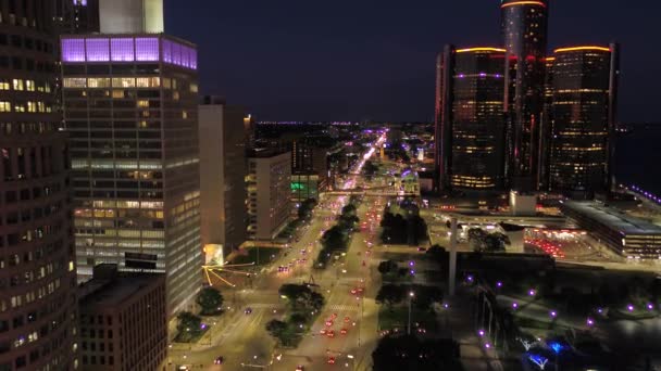 Vídeo Aéreo Del Centro Detroit Noche — Vídeos de Stock