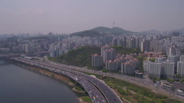 Luftbild Der Uferpromenade Und Des Flusses Han Südkorea — Stockvideo