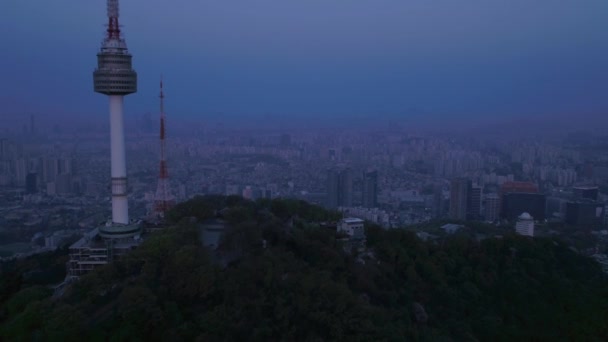 Luftbild Vom Seoul Tower Und Dem Gwanghwamun Gebiet Bei Sonnenaufgang — Stockvideo