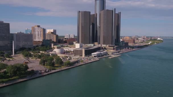 Lotnicze Wideo Śródmieścia Detroit Słoneczny Dzień — Wideo stockowe