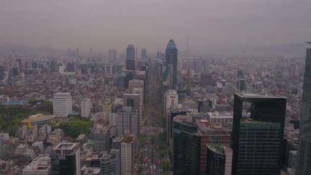 Luchtfoto Video District Gangnam Seoul Een Wazige Bewolkte Dag — Stockvideo