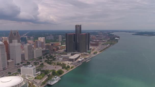 Vídeo Aéreo Del Centro Detroit Día Nublado — Vídeos de Stock