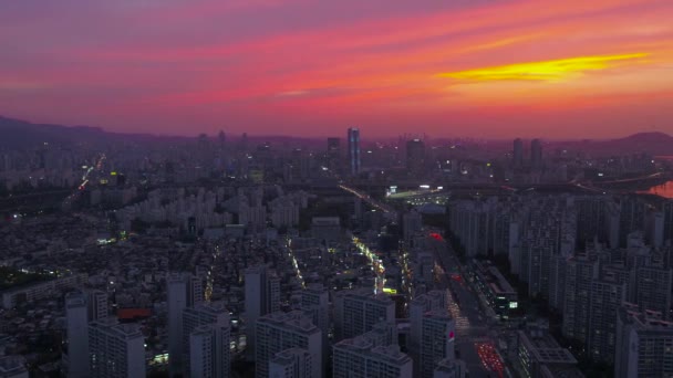Vídeo Aéreo Lotte World Tower Lotte World Jamsil Pôr Sol — Vídeo de Stock