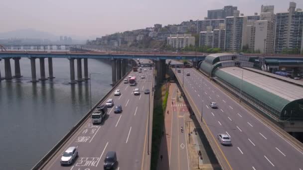 Letecké Video Nábřeží Řeka Han Soulu Korea — Stock video